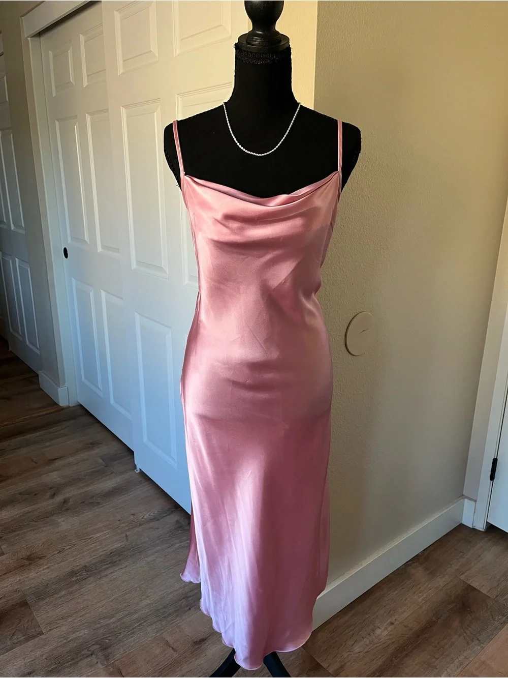 Bebe Pink Satin Cowl Neck Slip Midi Dress Small